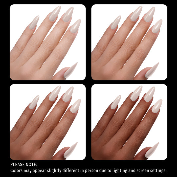 Four views of hands with white nail polish on a white background