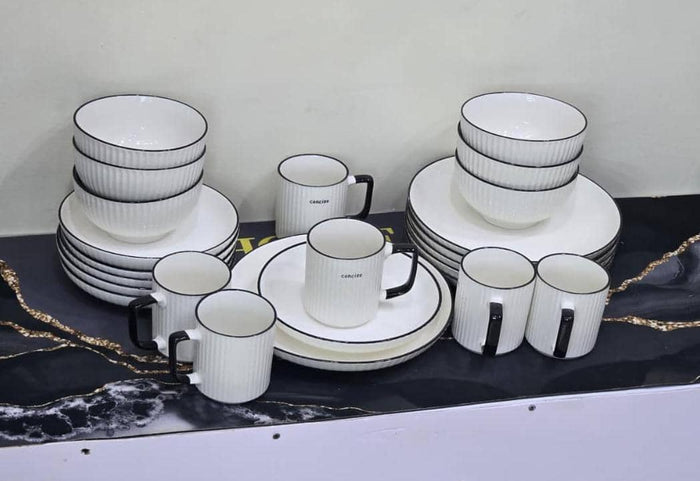 24-Piece Ceramic Dinner Set — White with Black Trim
