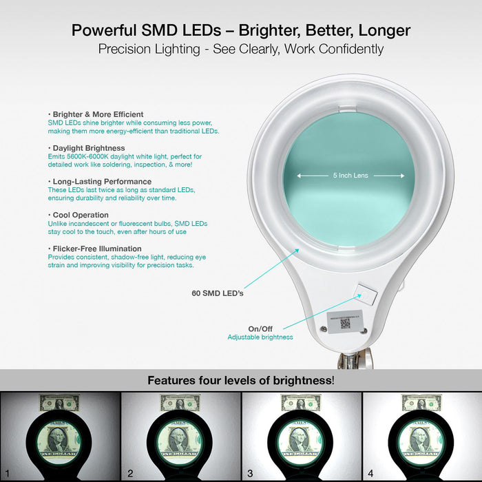 3 Diopter (1.75X) LED Magnifying Lamp with Clamp - 5-inch Glass Lens and Flip Cover