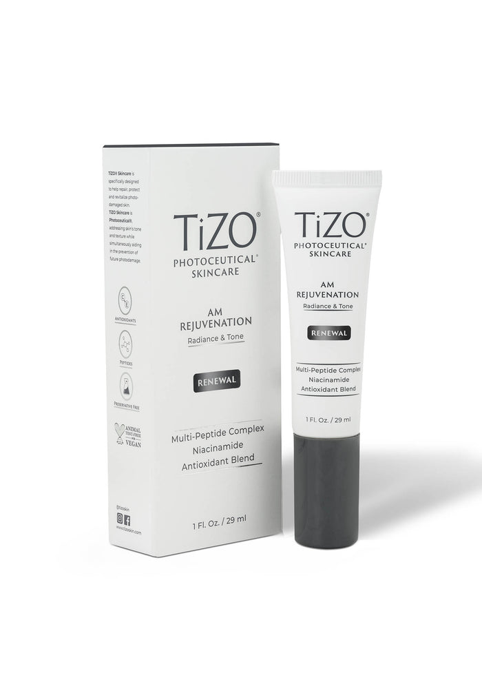 TiZO Photoceutical skincare AM Rejuvenation box and tube.