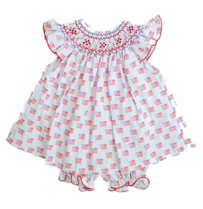 Girls Patriotic Smocked Two-Piece Bloomer Set – All-Over American Flag Print with Matching Diaper Cover – Fourth of July & Memorial Day – Sizes 3M–4T
