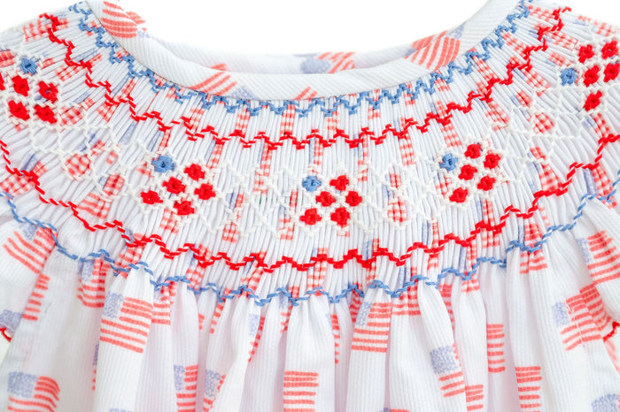 Girls Heirloom-Inspired Smocked American Flag Dress – Red White & Blue Classic Southern Style – 4th of July, Parades & Patriotic Celebrations – Sizes 12M–8
