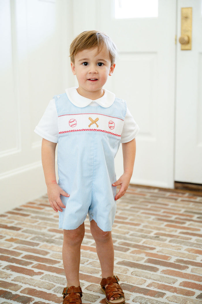 Boys Smocked Baseball Jon Jon – Blue Pinstripe with Hand-Smocked Baseballs & Bats – Perfect for Game Days, Father's Day & Spring Celebrations – Sizes 3M–4T