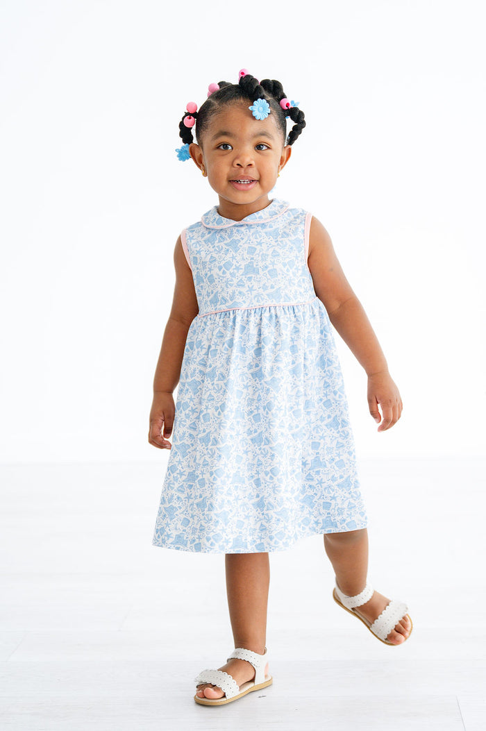Toddler & Little Girls Soft Pima Cotton Blue Beach-Inspired Dress – Pink Piping Accents – Sibling Matching Summer & Picture-Perfect Family Photo Outfit – Sizes 12M–8