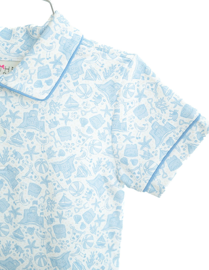 Boys Lightweight Pima Cotton Blue Beach Motif Polo Shirt – Perfect for Beach Days, Summer Parties & Picture-Perfect Family Photos – Sizes 12M–8