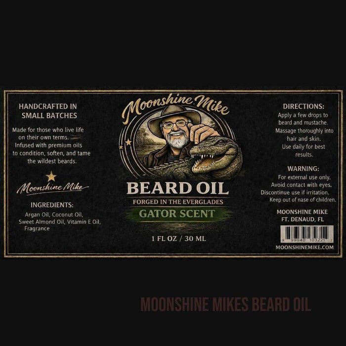 Fort Denaud Beard and Skin Gator Scent beard oil label featuring an illustration of a man with an alligator.