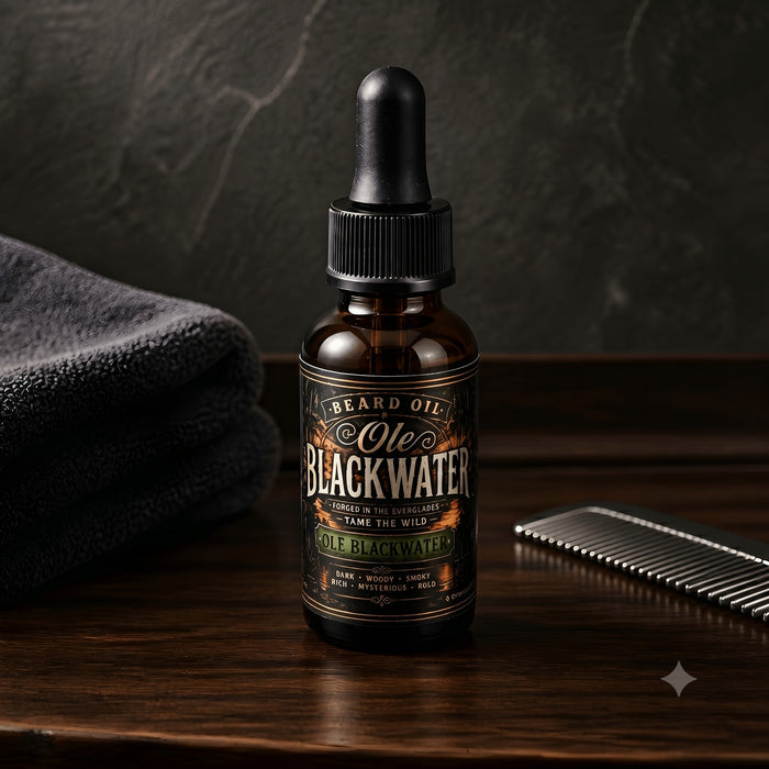 Beard Oil Sample Ole Blackwater Scent in a stylish amber bottle with dropper on a wooden surface.