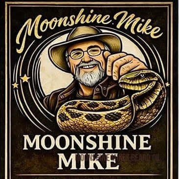 Fort Denaud Beard and Skin Python Scent beard oil label featuring an illustration of Moonshine Mike with a snake