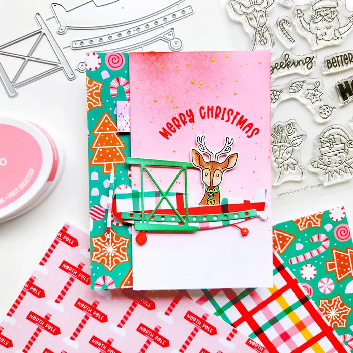 Catherine Pooler - Sentiments Stamp & Die Set - Santa's Crew. Available at Embellish Away located in Bowmanville Ontario Canada. Example by Kimberly at Catherine Pooler Designs.