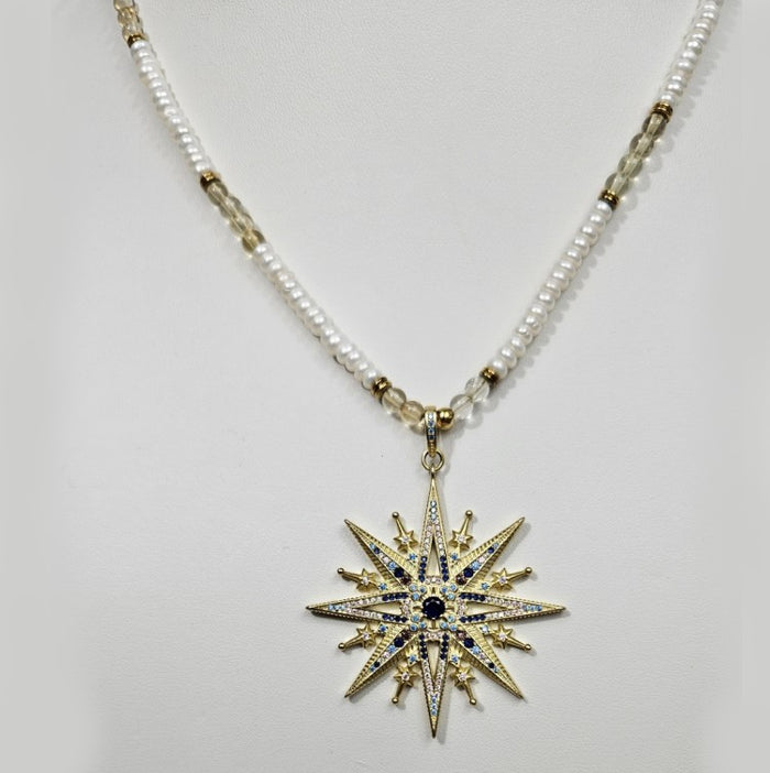 Citrine & Freshwater Pearl Rondelle Necklace with Gold-Plated Snowflake Pendant