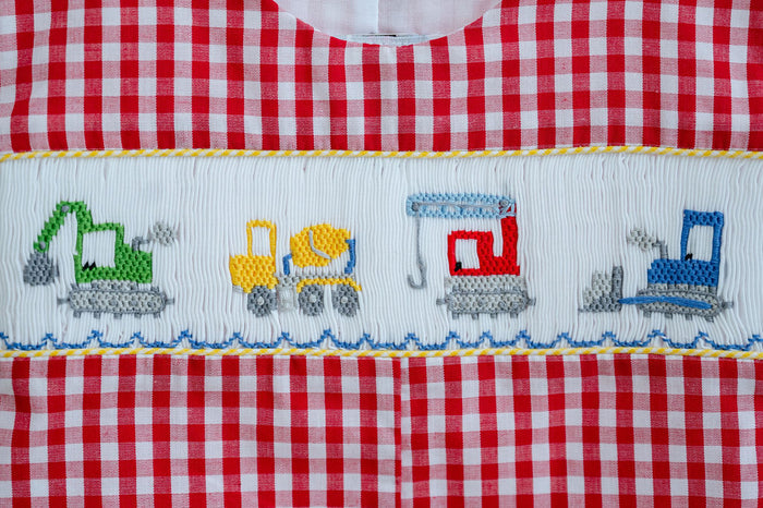 Baby & Toddler Boys Classic Red Gingham Smocked Construction Vehicles Jon Jon – Construction Birthday Party & Spring Celebration Outfit – Sizes 3M–4T