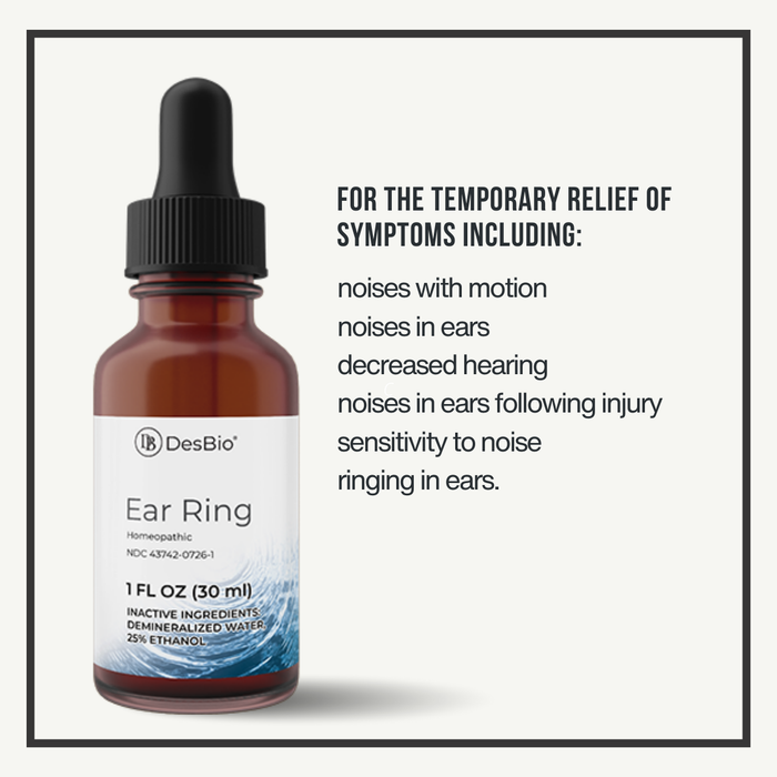 Ear Ring (Formerly TinitX) by DesBio is for the temporary relief of symptoms including noises with motion, noises in ears, decreased hearing, noises in ears following injury, sensitivity to noise, and ringing in ears.