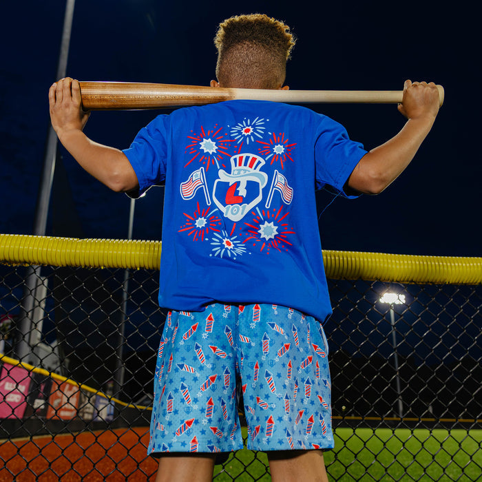 Firework baseball youth tee, 4th of July outfit, red, white, and blue