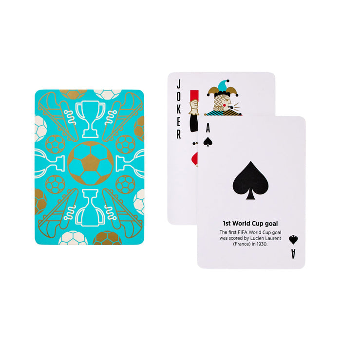 Football-themed playing cards: patterned card and Joker with spade showing goal text.