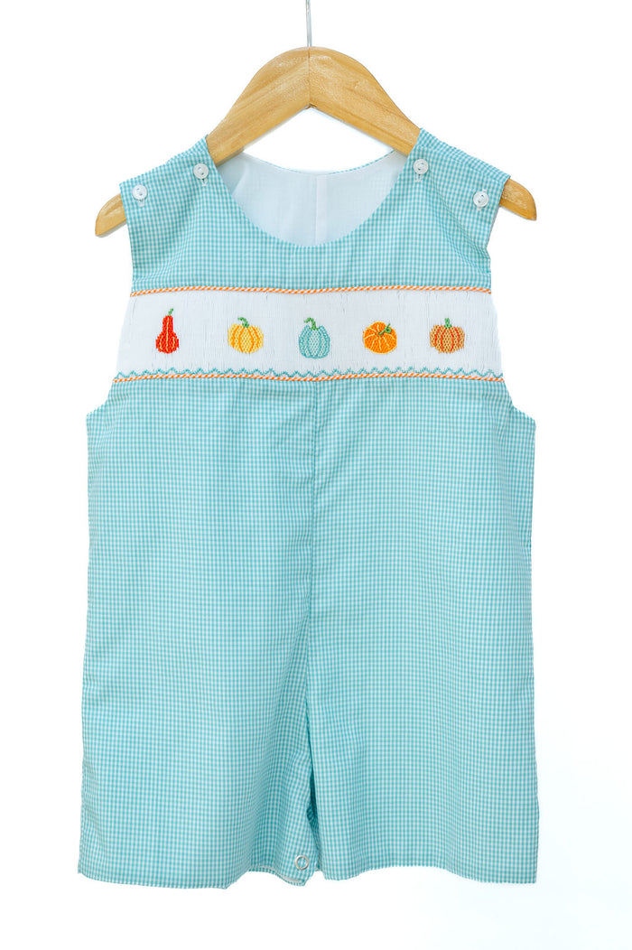 Smocked Fall Gourds Jon Jon by Ruth and Ralph, light blue with smocked gourd embroidery, on hanger