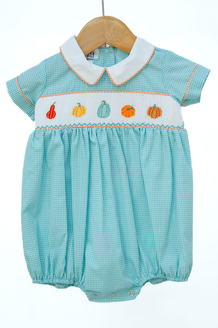 Smocked Fall Gourds Bubble for Boys, teal gingham with peter pan collar and smocked pumpkin and gourd embroidery, on hanger