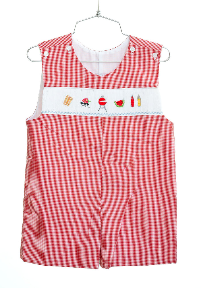 Baby & Toddler Boys Heirloom-Quality Red Gingham Smocked Grilling Jon Jon – BBQ, Memorial Day, 4th of July & Summer Vacations – Sizes 3M–4T