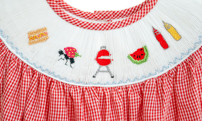 Girls Smocked Grilling Out Dress – Red Gingham with Hand-Smocked BBQ & Cookout Motif Neckline – Summer Cookouts, Family Gatherings & Patriotic Holidays – Sizes 12M–8