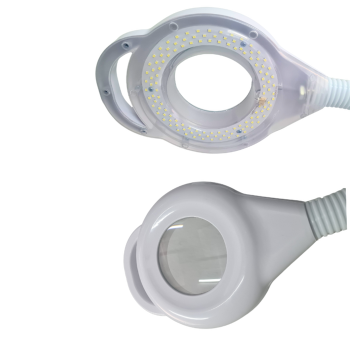 E006C Magnifying Lamp Steamer Combination | Close-up of two LED light bulbs of a magnifying lamp on a white background
