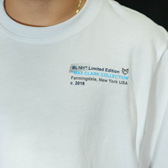 White t-shirt with text and logo on a plain background