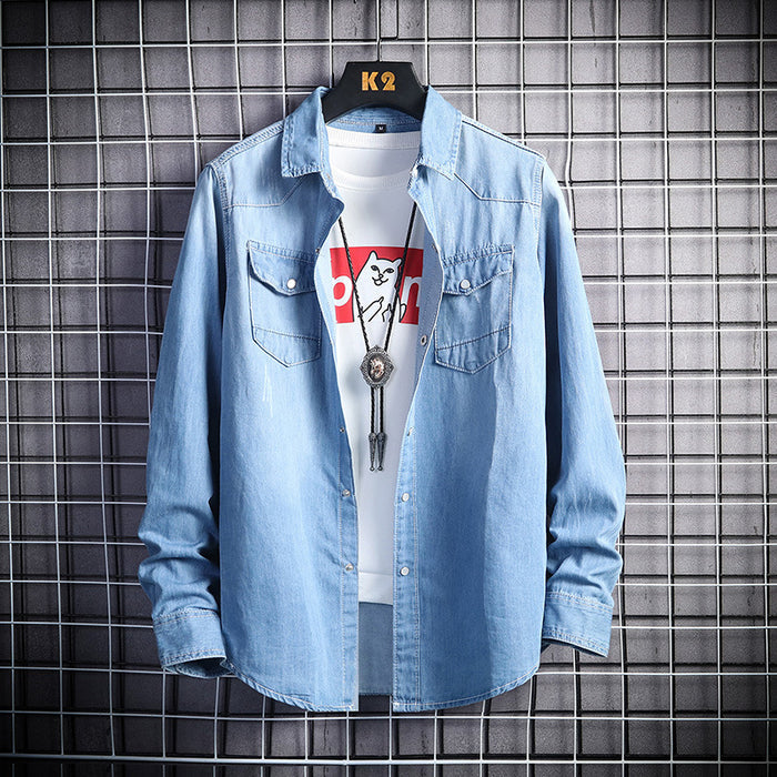 Men's Slim Fit All-Match Denim Jacket — Light & Dark Blue Casual Style