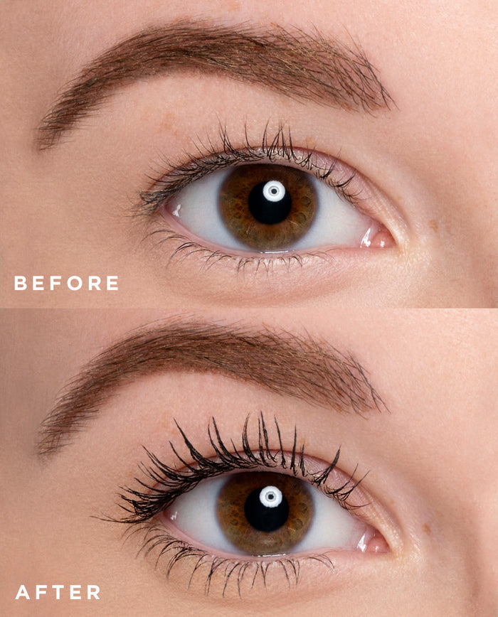close up of before and after images for mascara