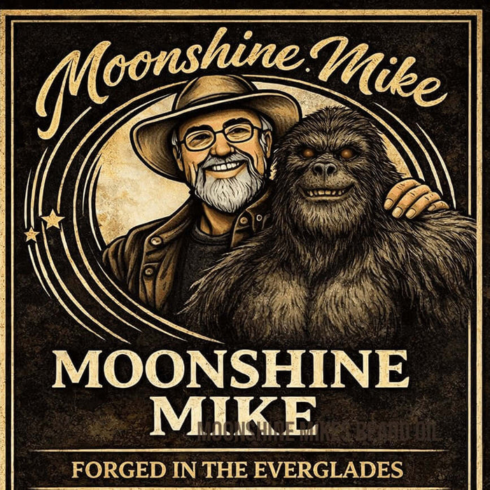 Fort Denaud Beard and Skin Moonshine Mike Skunk Ape beard oil label featuring a man and a sasquatch illustration.