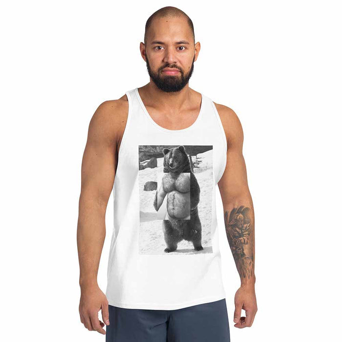 Man wearing a white tank top with a bear graphic on a white background