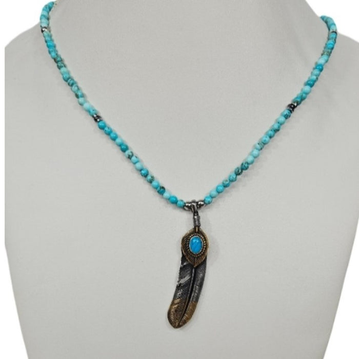 Stainless Steel Takahashi Goro Feather Pendant and Turquoise Necklace