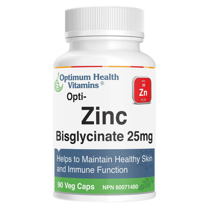 Bottle of Optimum Health Vitamins Opti-Zinc Bisglycinate 25 mg 90 Vegi Caps