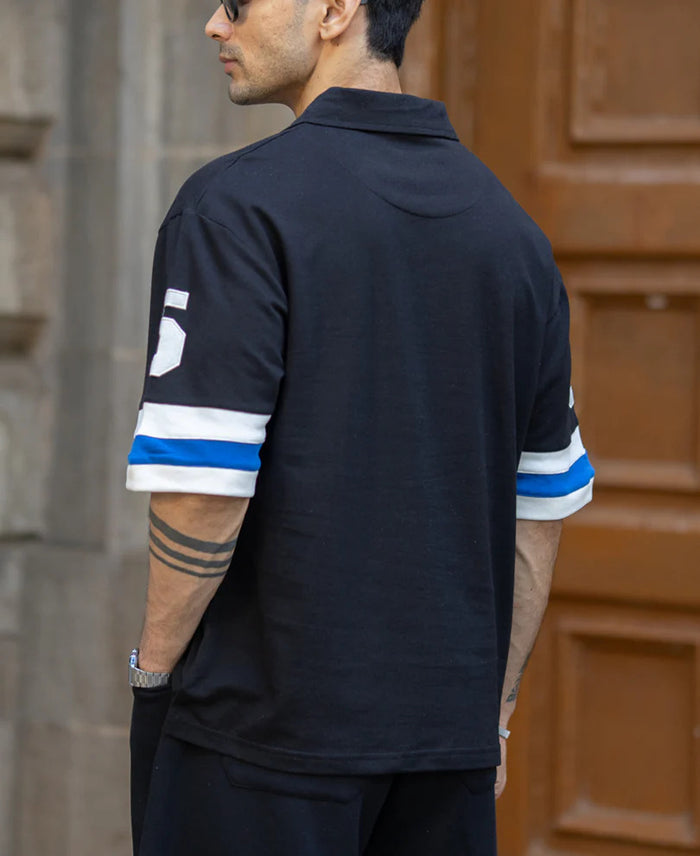 Powerlook Black Contrast Applique Cotton T-Shirt