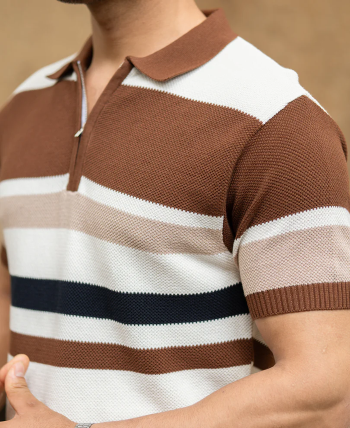 Powerlook Multicolor Striped Knit Cotton T-Shirt