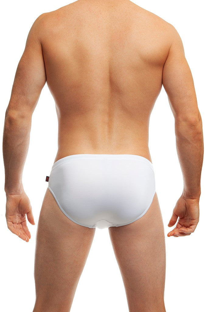 Man standing wearing a pair of Jack Adams white Papi Racer Swim Brief (back view) on a white background.