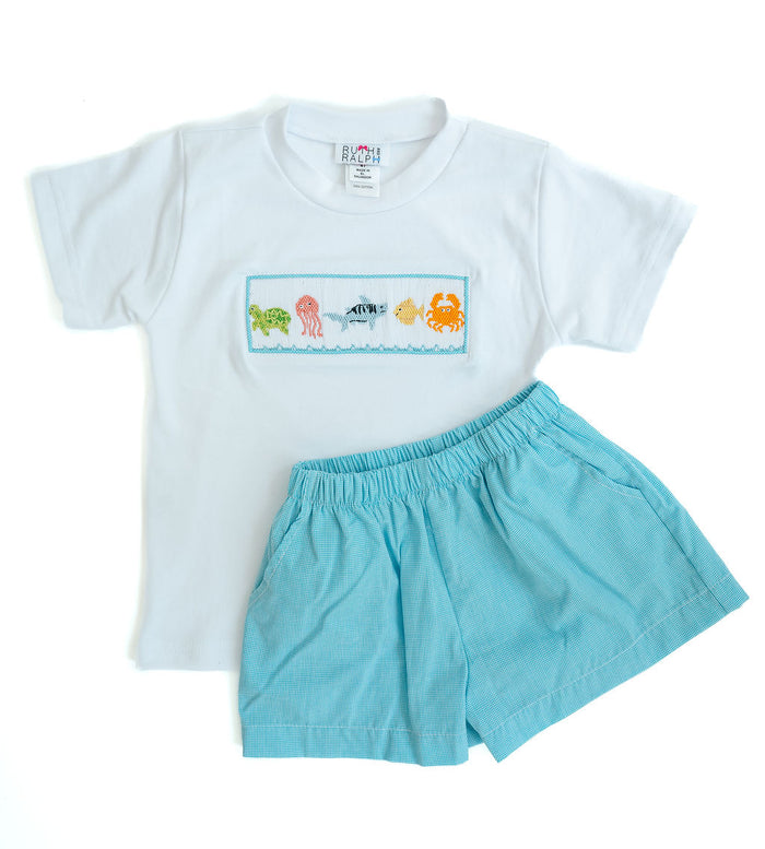 Toddler & Little Boys Heirloom-Quality Smocked Sea Animals T-Shirt & Teal Microgingham Shorts – Sibling Matching Summer Beach & Picture-Perfect Family Photo Outfit – Sizes 12M–8