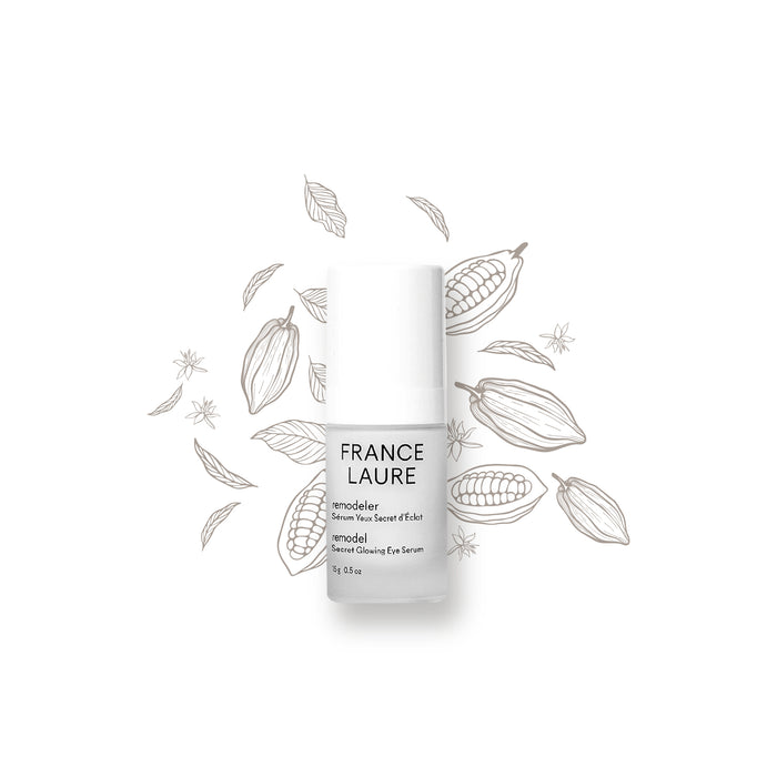France Laure Remodel Secret Glowing Eye Serum bottle with botanical illustrations, 15g, for radiant under-eye care