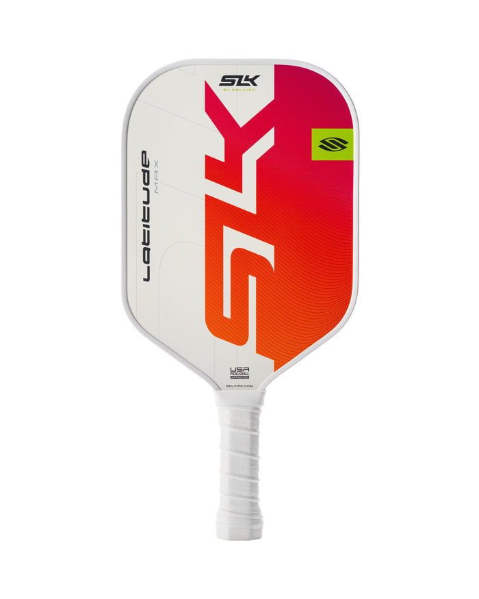 SLK Latitude Max pickleball paddle in Electric Sunset design with a gradient from orange to white