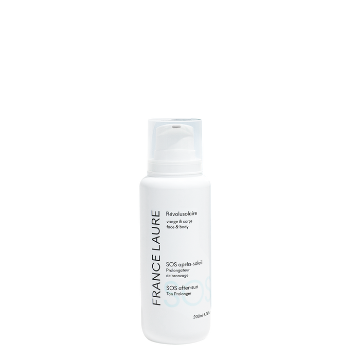France Laure SOS after-sun tan prolonger for face & body, 200ml white bottle with pump dispenser, post-sun skincare