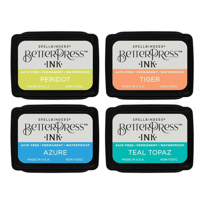 Spellbinders - BetterPress Letterpress Mini Ink Pad Set - 4/Pkg - Tropical. Tropical Ink Mini Set includes four 1.25 x 1.75-inch ink pads in the colors of Peridot, Tiger, Teal Topaz, and Azure for a set that conjures sunny days and ocean vistas. Available at Embellish Away located in Bowmanville Ontario Canada.