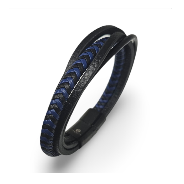 Stainless men’s black and blue multi strand leather bracelet