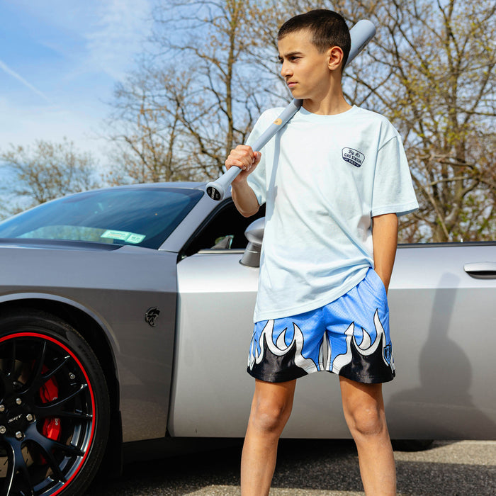 Young boy beside silver Dodge SRT Challenger holding baseball bat, wearing light blue Big Al's Gas Station tee and blue flame shorts.