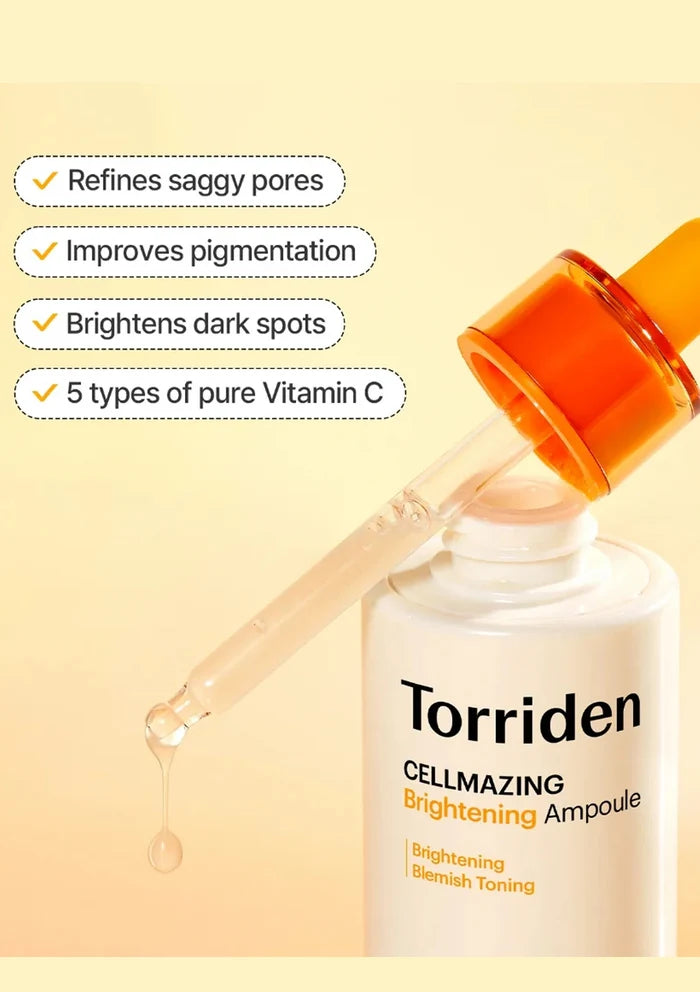 Torriden Cellmazing Brightening Ampoule with dropper on a yellow background