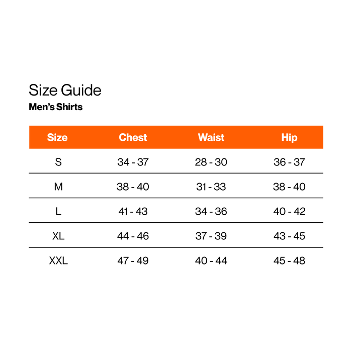 Men’s shirt size guide displayed in a table with columns for Size, Chest, Waist, and Hip measurements. Size small (S) fits chest 34–37 inches, waist 28–30 inches, and hip 36–37 inches. Medium (M) fits chest 38–40 inches, waist 31–33 inches, and hip 38–40 inches. Large (L) fits chest 41–43 inches, waist 34–36 inches, and hip 40–42 inches. Extra large (XL) fits chest 44–46 inches, waist 37–39 inches, and hip 43–45 inches. Double extra large (XXL) fits chest 47–49 inches, waist 40–44 inches.