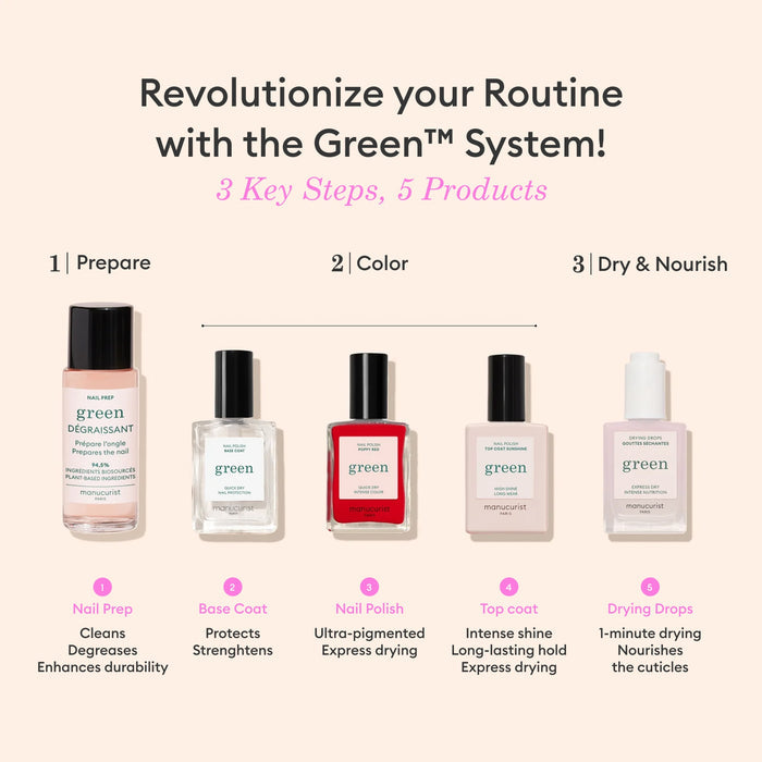 Discover Manucurist's Pink Sorbet Jelly, a translucent pink nail polish for the Green™ step-by-step routine: Prepare, Color, and Dry Nourish. Achieve clean, healthy nails with an ultra-glossy syrup effect.