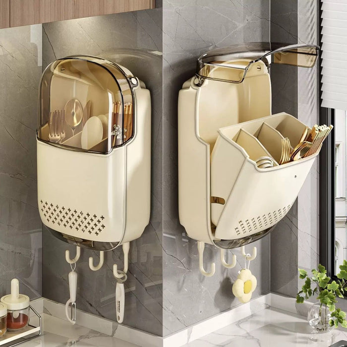 Wall-Mounted Cutlery & Utensil Organiser with Flip Lid & Hooks — Cream