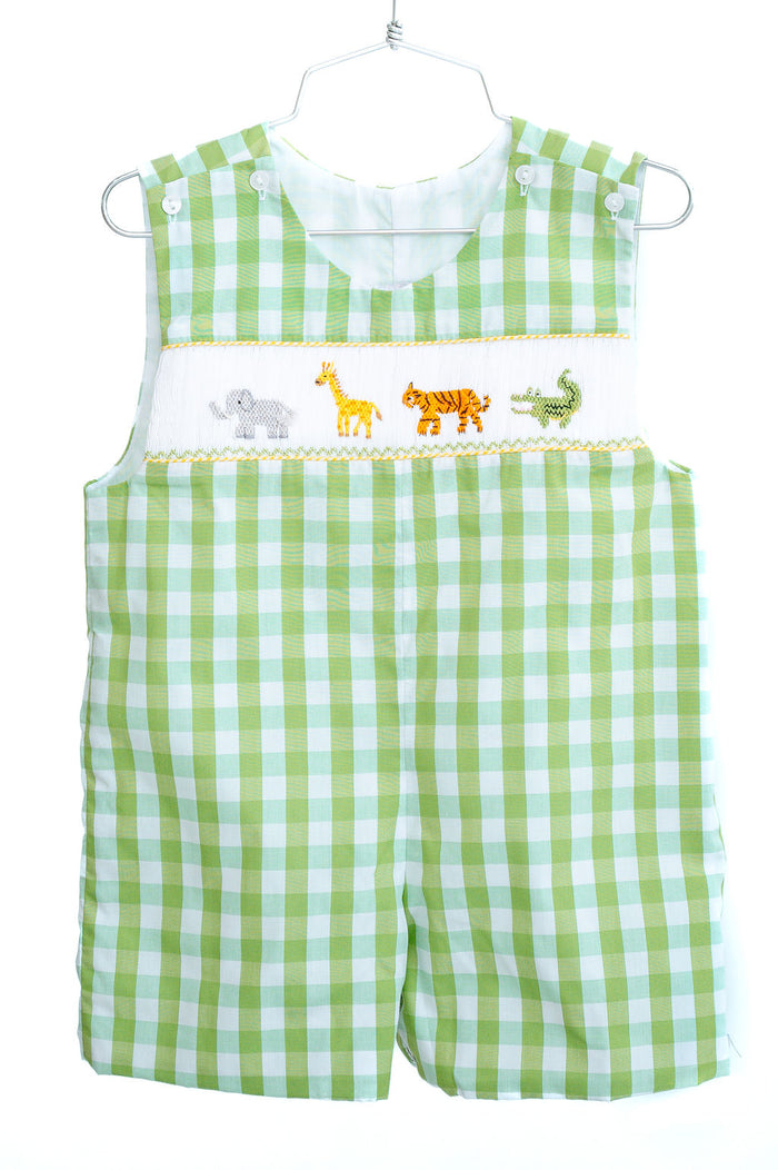 Baby & Toddler Boys Green Buffalo Check Hand-Smocked Zoo Animals Jon Jon – Elephant, Giraffe, Tiger & Alligator – Sizes 3M–4T