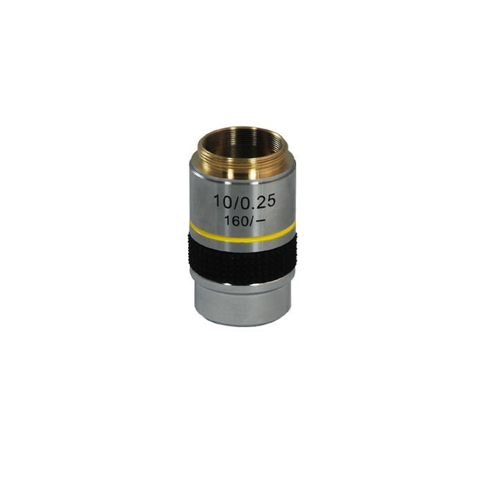 10X Achromatic Polarizing Microscope Objective Lens PL04083312, SKU PL04083311, three quarter front view