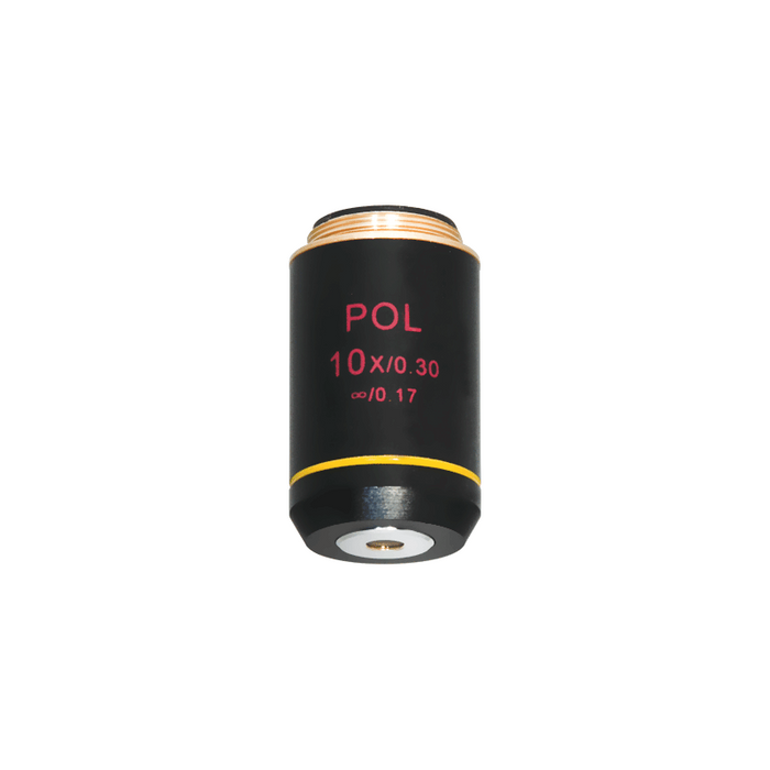 10X Infinity-Corrected Achromatic POL Polarizing Microscope Objective Lens 20.3mm, 4/5in. with Black Finish, SKU PL03023312, three quarter front view