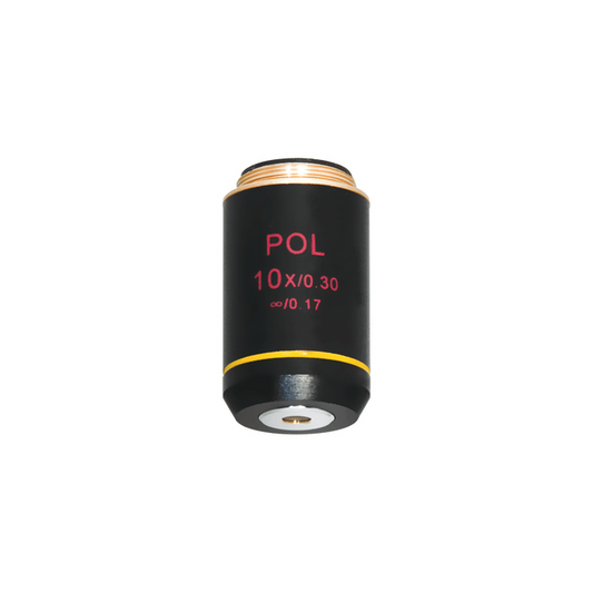 10X Infinity-Corrected Achromatic POL Polarizing Microscope Objective Lens 20.3mm, 4/5in. with Black Finish, SKU PL03023312, three quarter front view