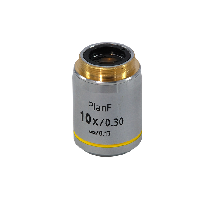 10X Infinity-Corrected Plan Fluor Achromatic Microscope Objective Lens Working Distance 12.4mm, SKU FM13013331, three quarter front view