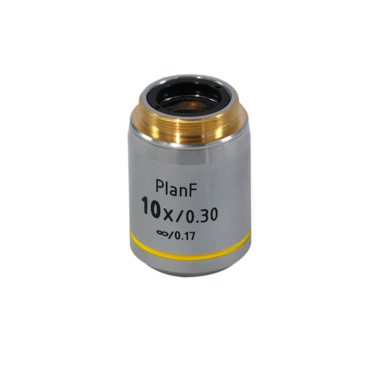10X Infinity-Corrected Plan Fluor Achromatic Microscope Objective Lens Working Distance 12.4mm, SKU FM13013331, three quarter front view